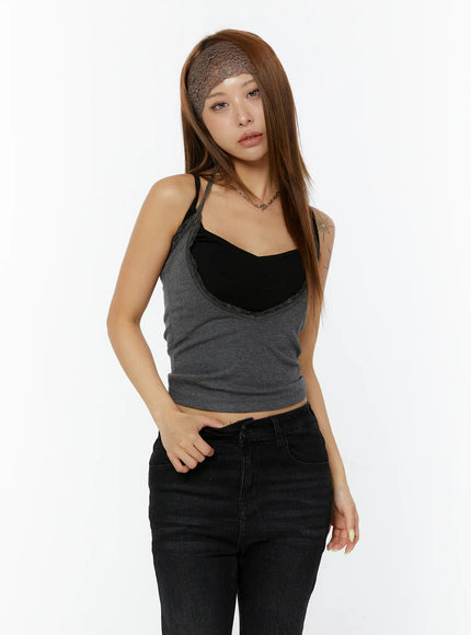 layered-lace-trim-cami-top-cy520 / Dark gray
