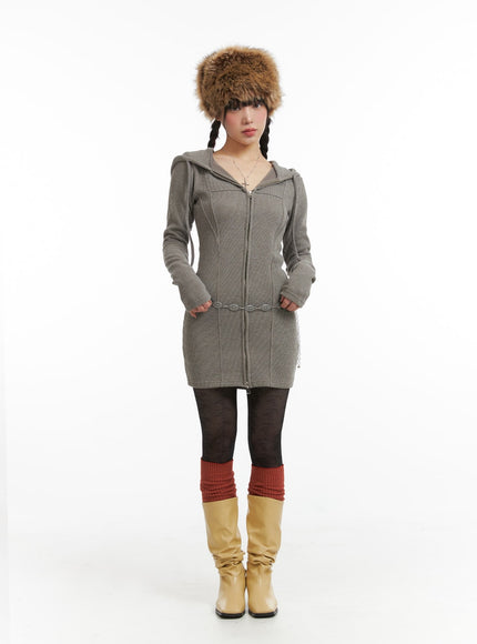 Knit Drawstring Hoodie Mini Dress IJ411 - Dark Beige S/M Knit Drawstring Hoodie Mini Dress IJ411 - Dark Beige S/M