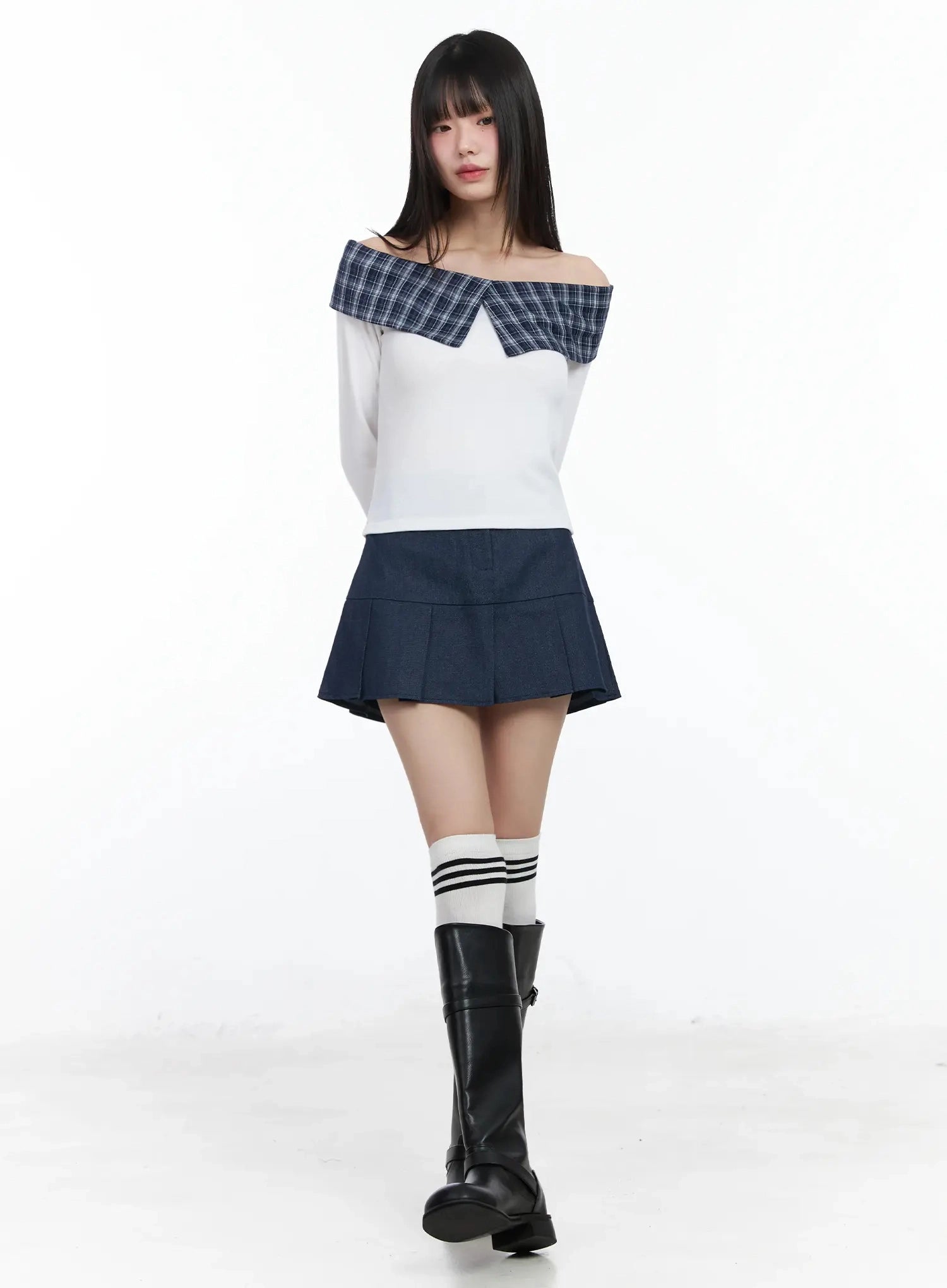 plaid-off-shoulder-long-sleeve-top-im523