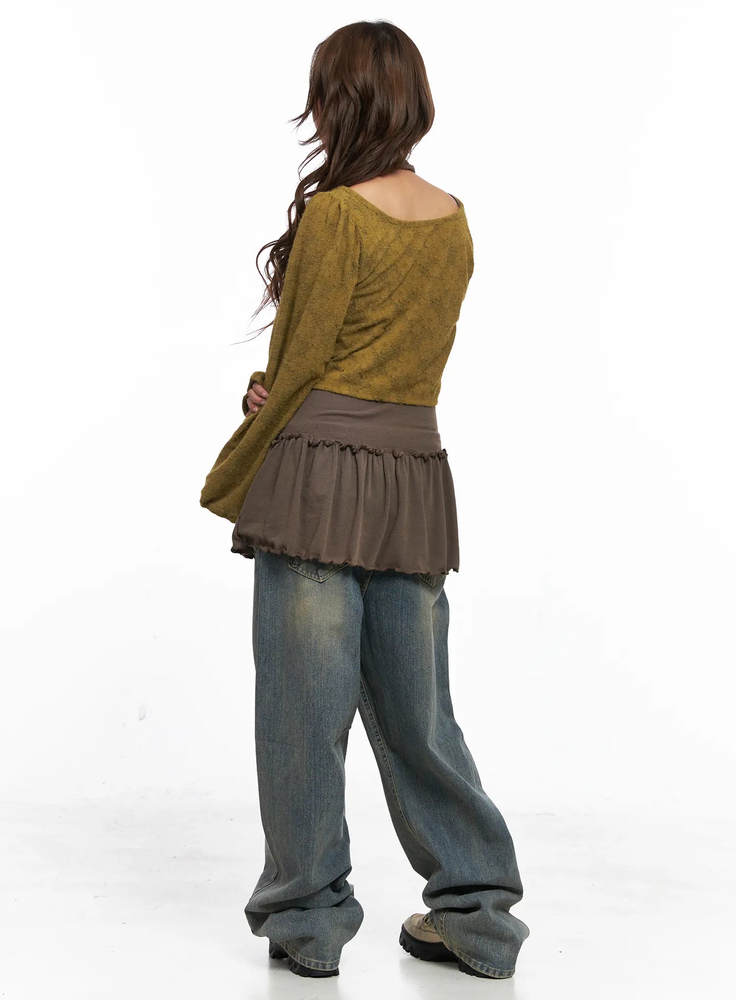 Denver Vintage Washed Semi-Wide Jeans CO513 in blue, back full-body shot on model wearing olive knit and brown ruffle top, wide-leg vintage washed denim with stacked hem pooling at sneakers.