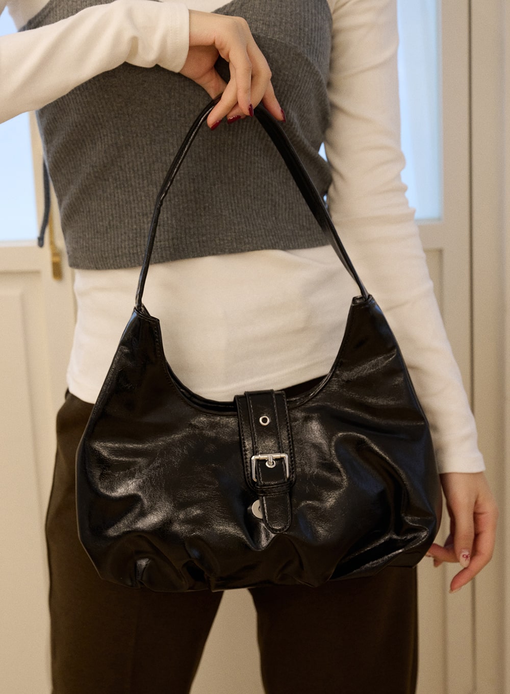 Faux Leather Belted Shoulder Bag OD327 - Black One Size