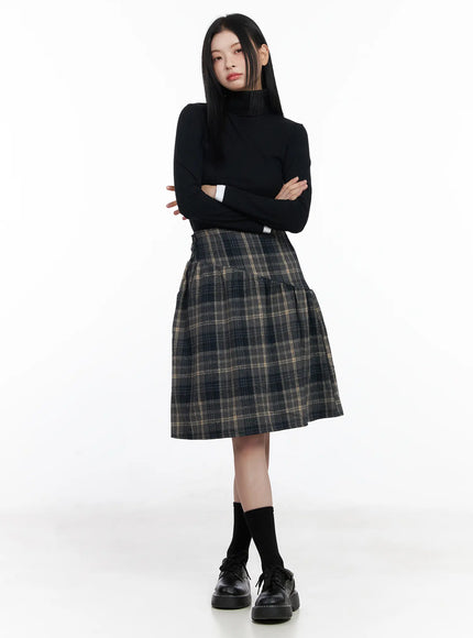 plaid-button-detail-flare-midi-skirt-cj520