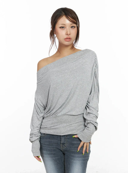 asymmetric-one-shoulder-long-sleeve-top-cf513 / Gray