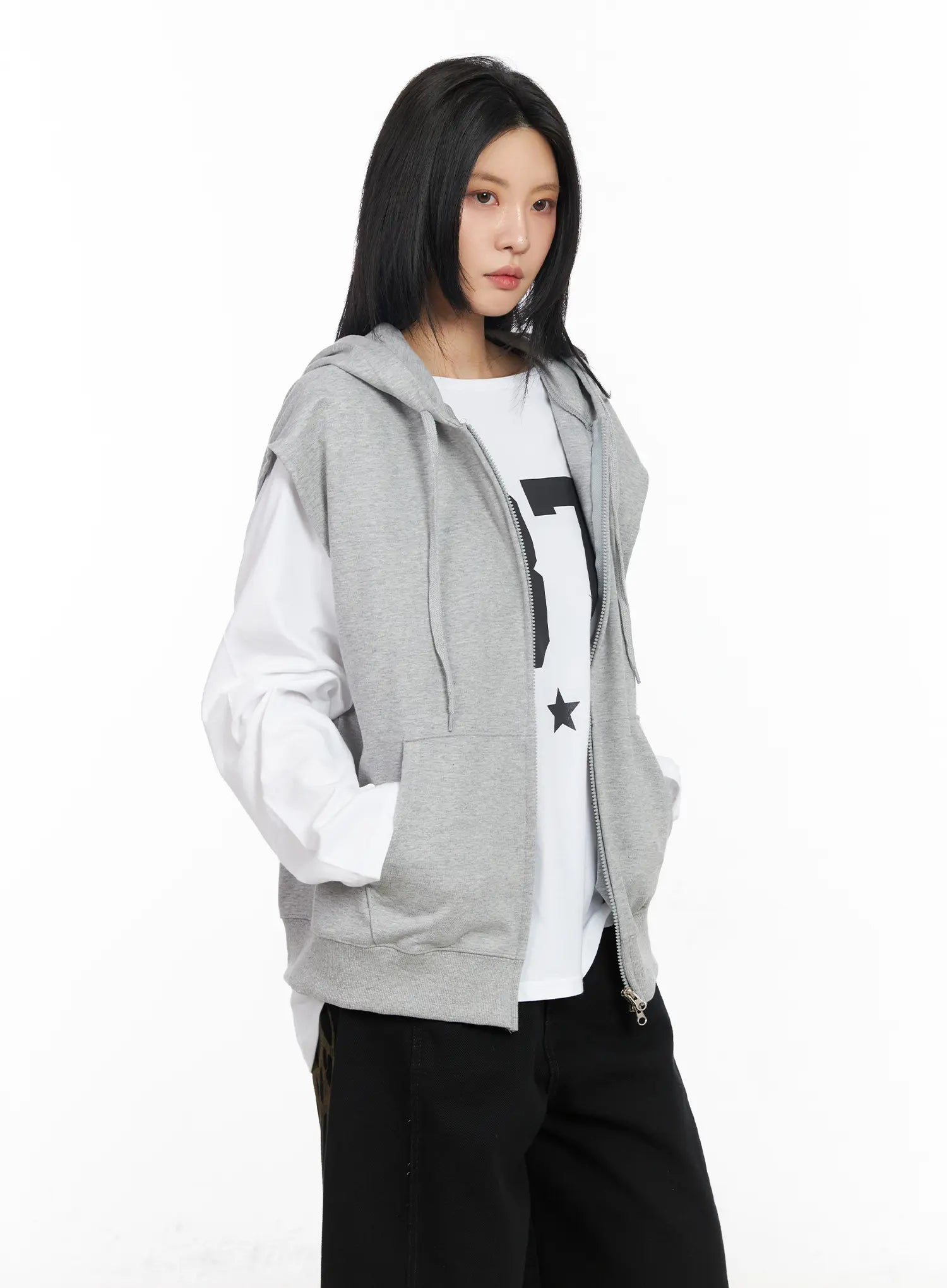 oversized-hooded-zip-up-vest-cm516 / Gray