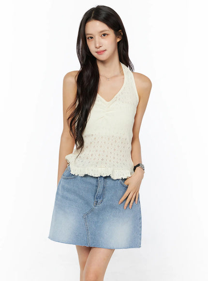 Frill Hem Halter Neck Top CU522 in Light beige, size S/M