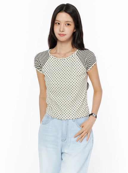 Polka Dot Striped Crop Tee CU522 in Light beige, size S/M
