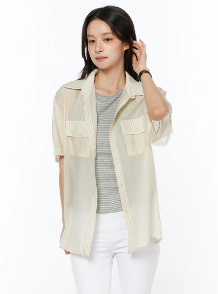 sheer-breezy-stripe-pocket-shirt-cu522 / Beige