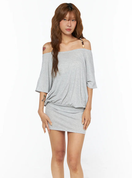 beaded-halter-off-shoulder-mini-dress-cu518 / Light gray