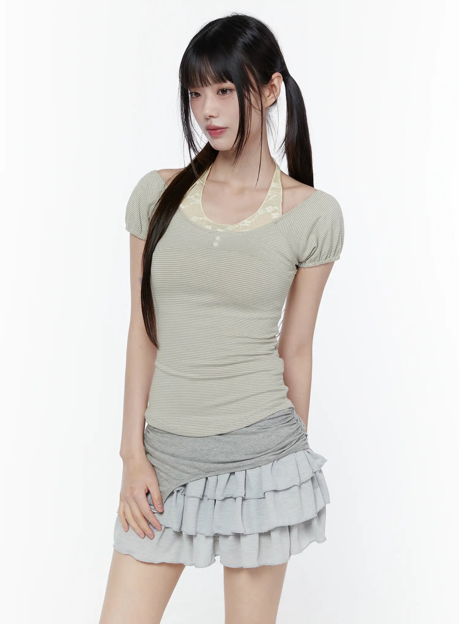 lace-striped-halter-neck-tee-cu508 / Light yellow