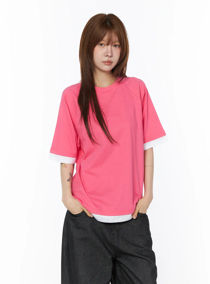 oversized-raglan-layered-t-shirt-cy527 / Pink