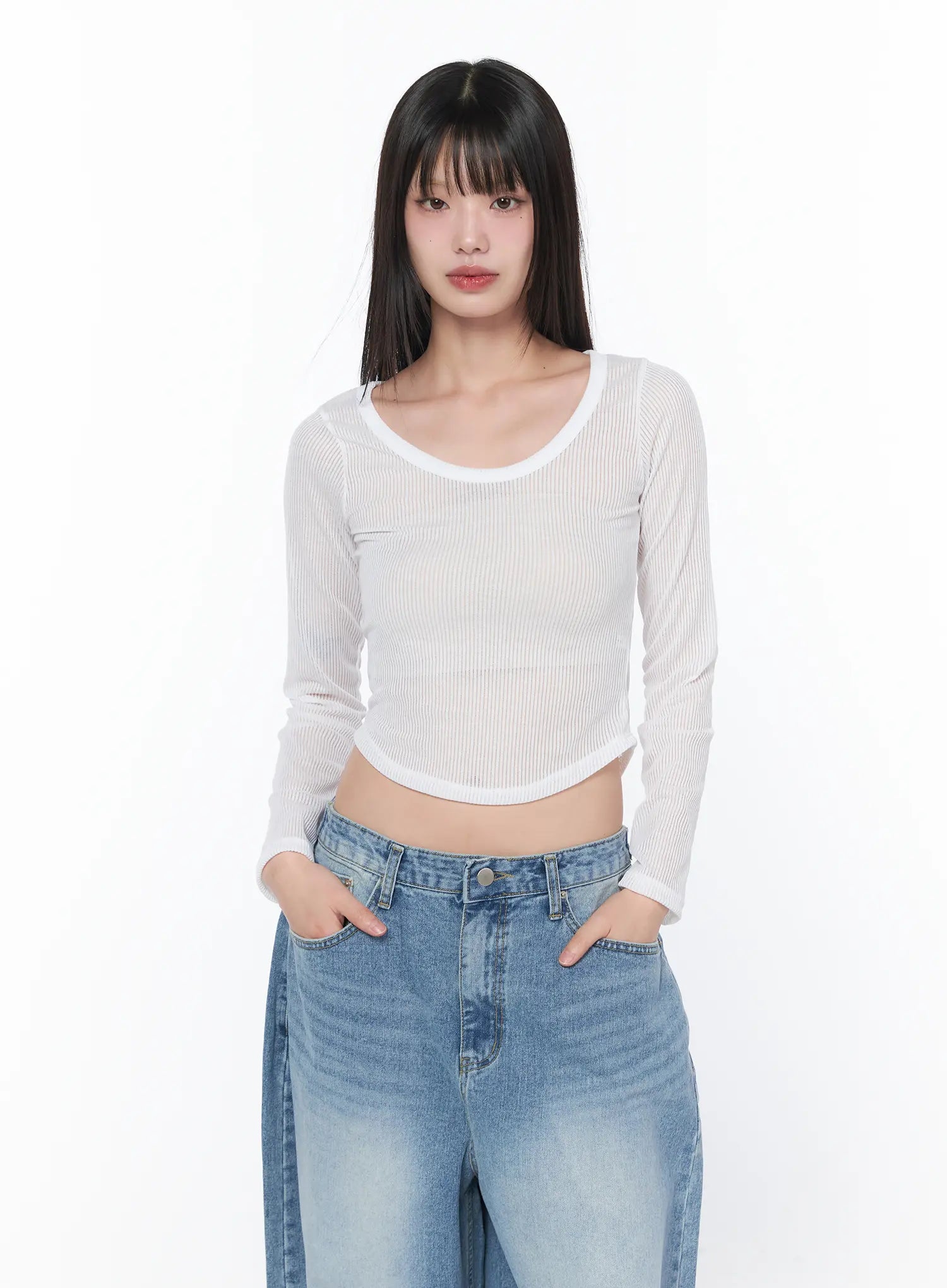 sheer-u-neck-long-sleeve-top-ca528 / White