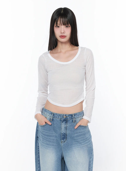 sheer-u-neck-long-sleeve-top-ca528 / White