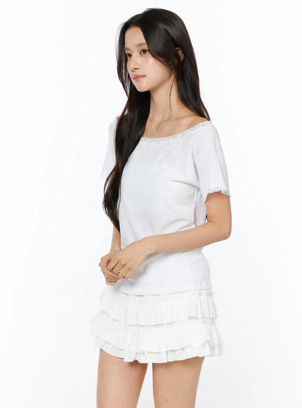 Lace Trim Off-Shoulder Tee CU522 in White, size S/M