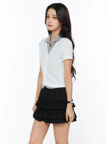 shirt-layered-button-up-knit-top-cu522 / White
