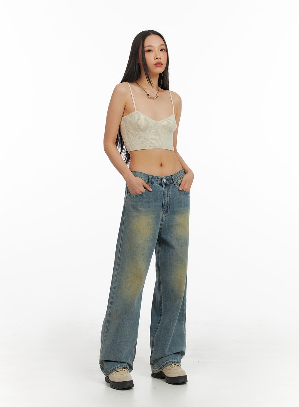 Washed Denim Wide Leg Jeans IA417 in blue, full-length front on model, low-rise wide leg cotton denim with yellow washed detail, paired with knit crop cami top.