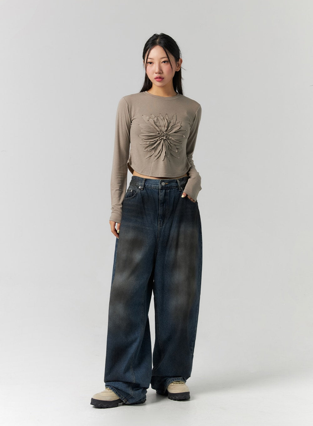 Tie-Dye Washed Wide Leg Jeans CS320 in dark blue, full-body front on model, wide-fit cotton denim with tie-dye wash, styled with beige floral-appliqué crop long-sleeve top.