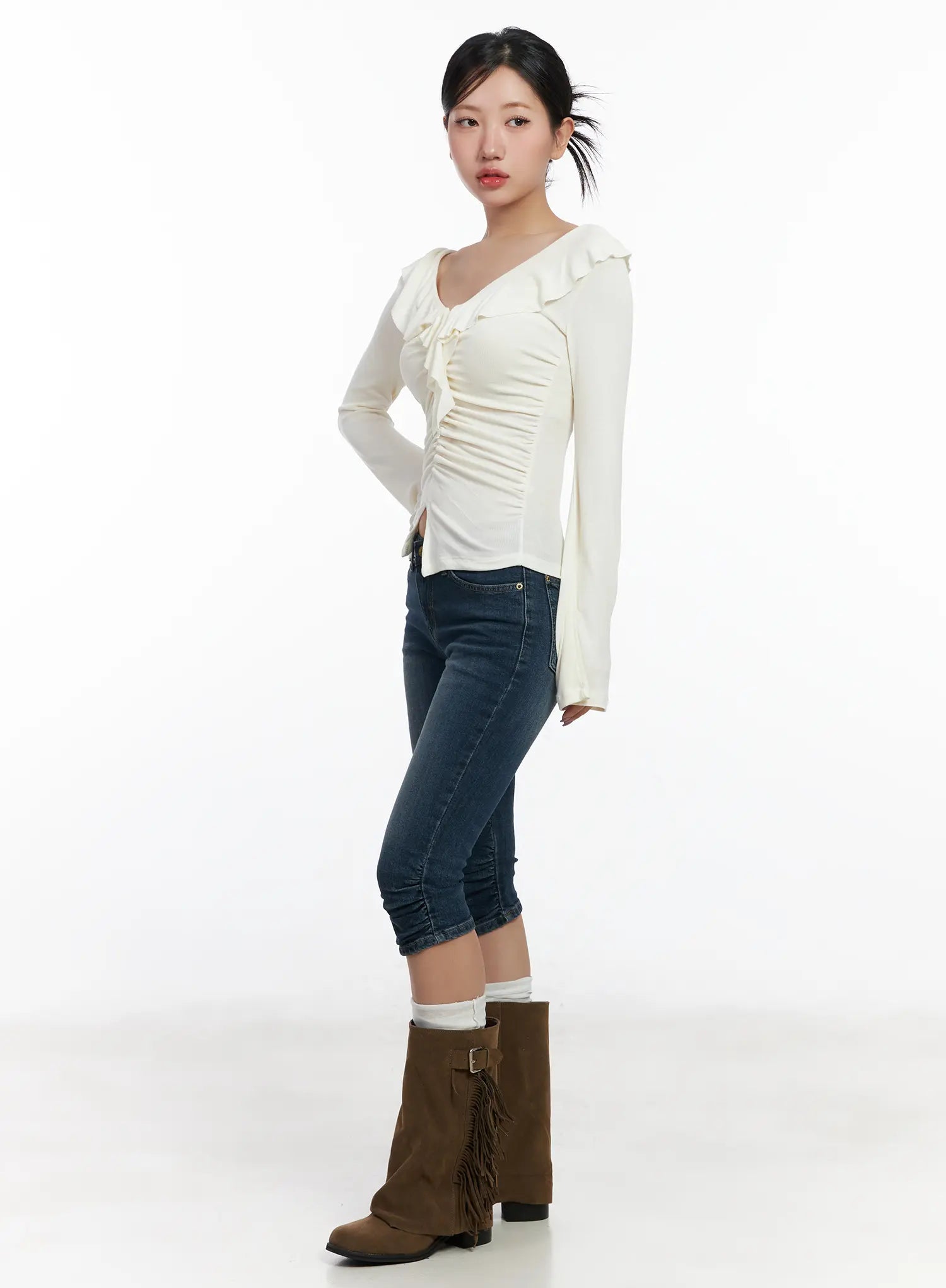 ruffle-shirred-v-neck-long-sleeve-top-cj530