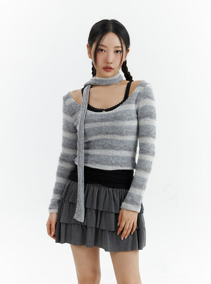 striped-u-neck-crop-top-with-scarf-cj424