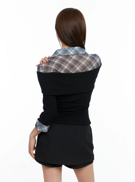 plaid-collar-layered-long-sleeve-top-cg529