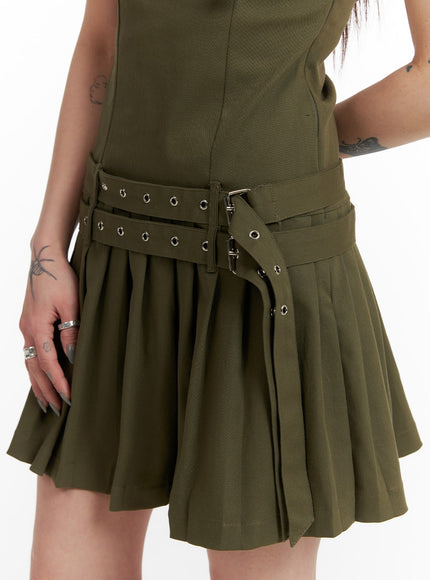 low-hem-buckle-pleated-strap-mini-dress-if423