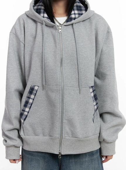 Checkered detail Zip-Up Hoodie CN528 - Casual style | LEWKIN Checkered detail Zip-Up Hoodie CN528 - Casual style | LEWKIN