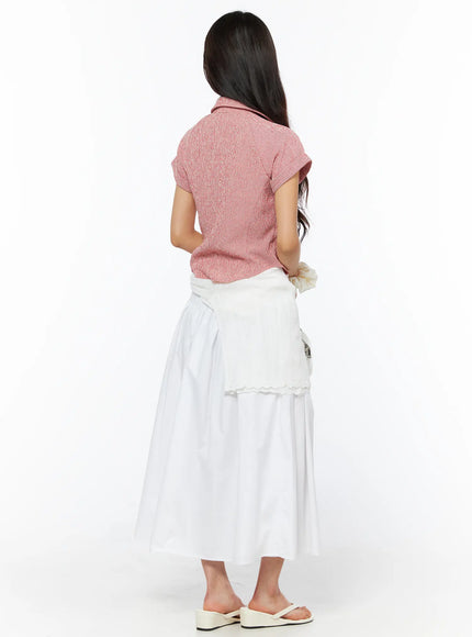 Basic Ribbon Maxi Skirt CU522 in white, back full-length shot on model, maxi A-line cotton skirt with layered styling and ribbon tie detail at side, paired with pink textured shirt.