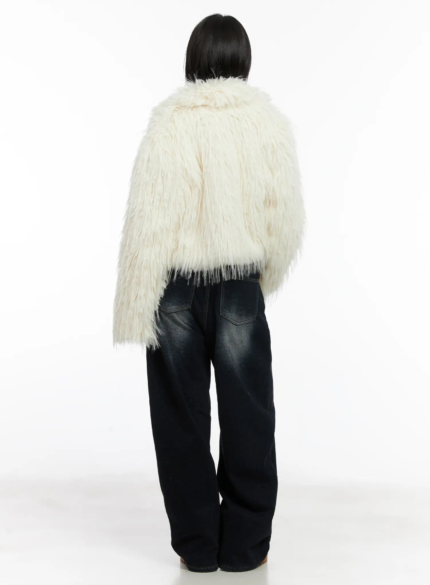 Soph Fleece-Lined Washed Wide-Leg Jeans CD509 in dark washed indigo, full-length back view on model, worn with cream faux-fur jacket, showing wide leg drape and back pocket detail.