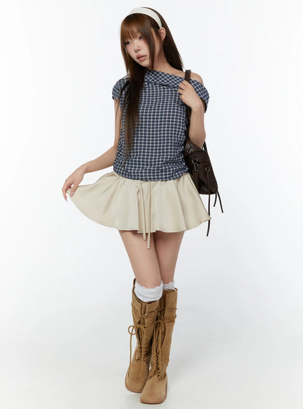 asymmetric-ruched-plaid-blouse-cy519
