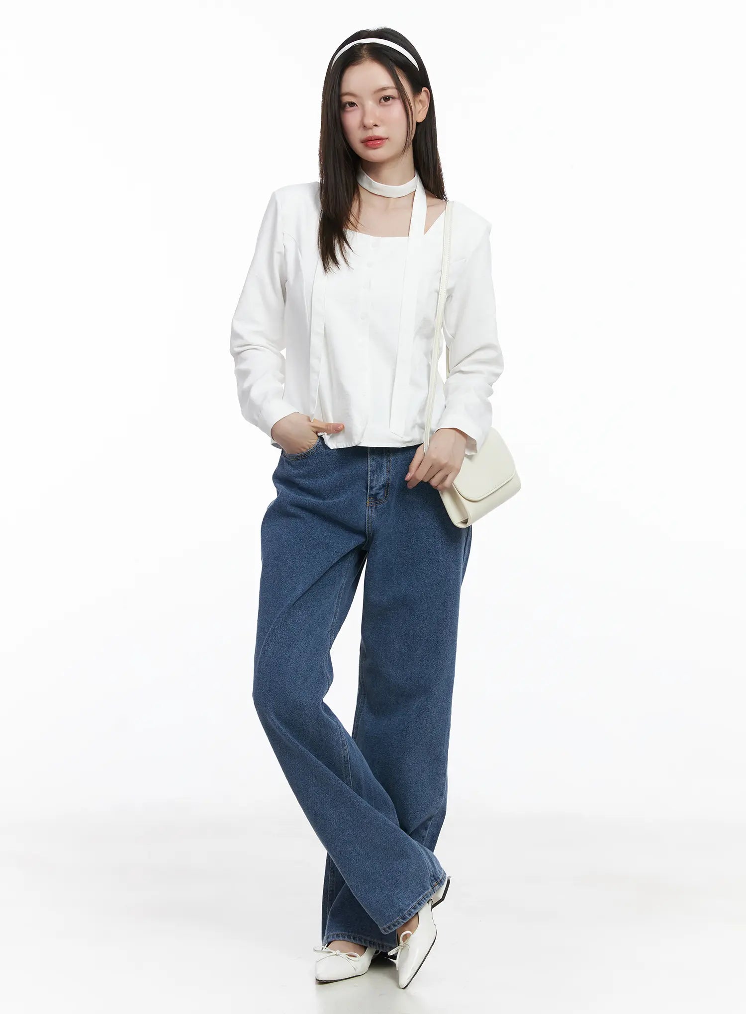 Ashlyn High-Waist Fleece-Lined Wide-Leg Jeans CJ507 in blue, full-body front shot on model, casual styling with white blazer-style top, white headband, cream crossbody bag, and white flats.