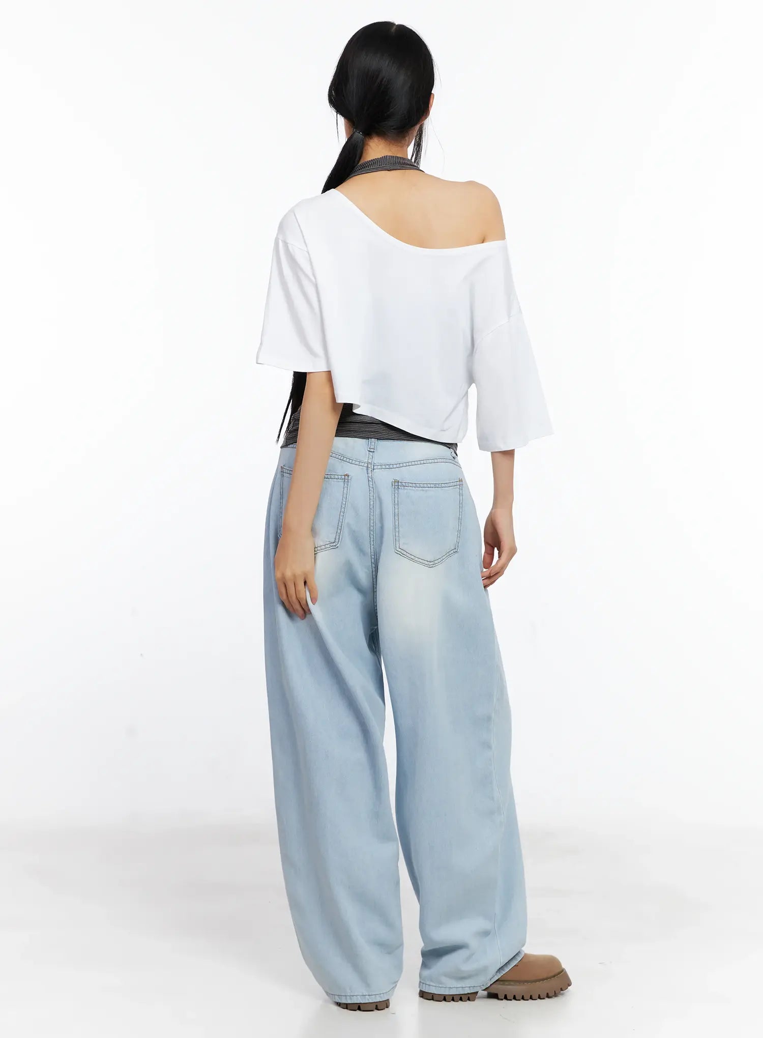 Bona Relaxed-Fit Denim Jeans CL529 in light blue, full-body back view on model, wide-leg washed denim showing back pockets and generous leg width, styled with white off-shoulder top.