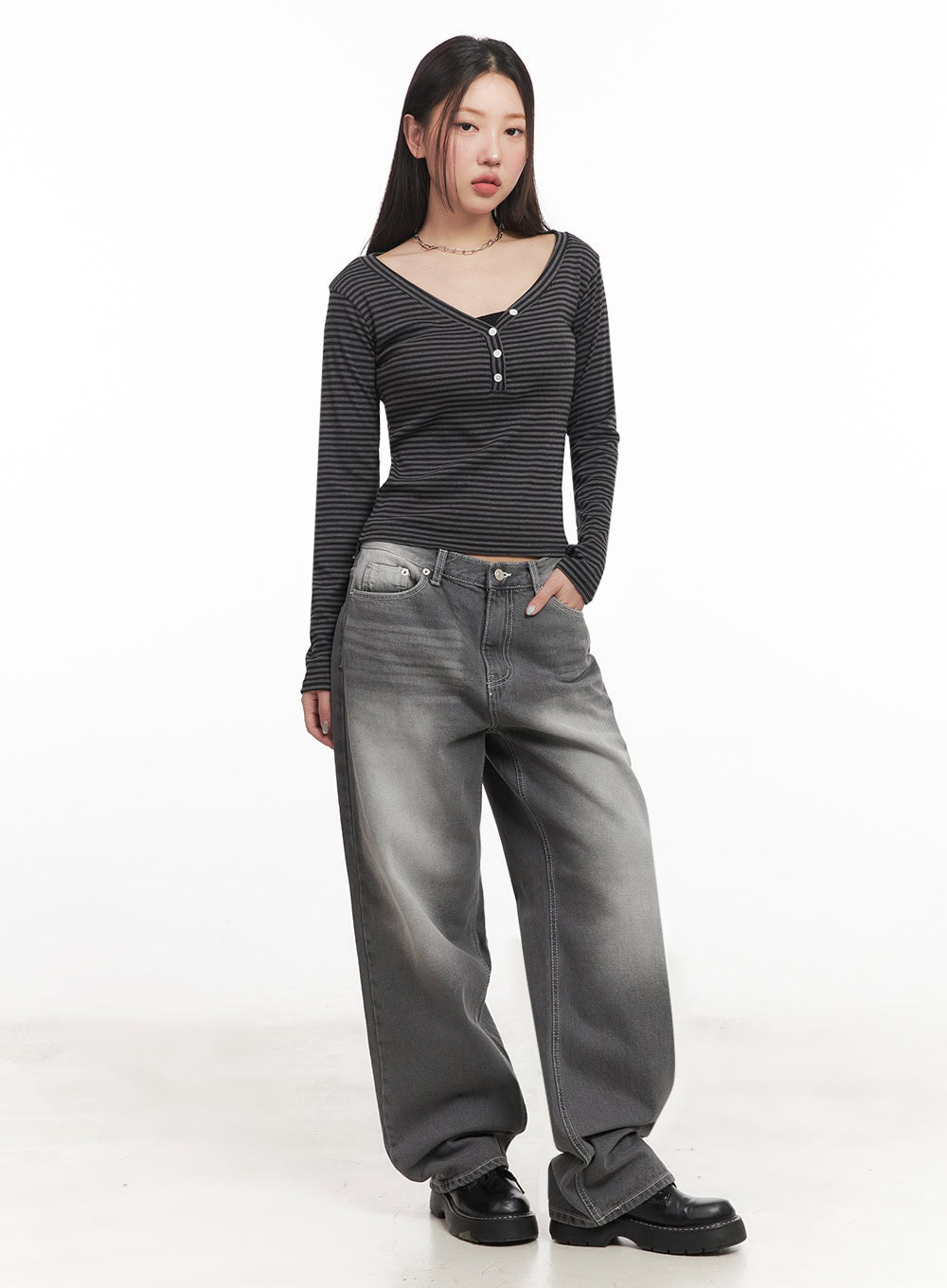 Becca Washed Straight-Leg Jeans IM524 in grey, full-length front view on model, wide-leg washed denim with faded thigh highlight, paired with striped henley top and black loafers.