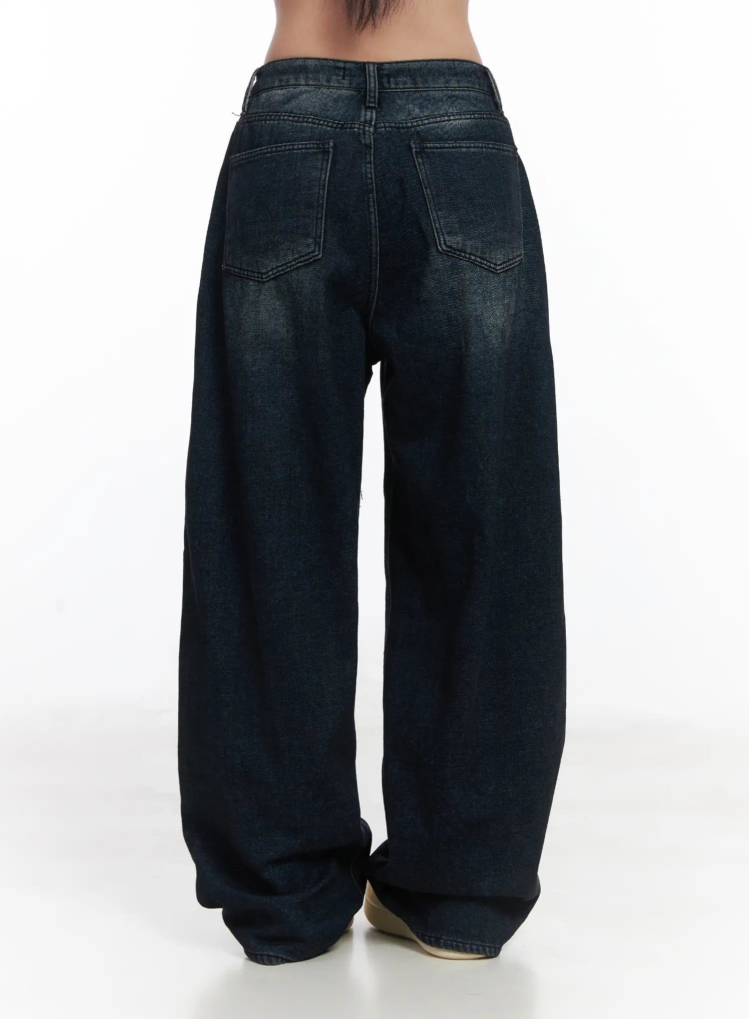 Lettie Fleece Pintuck Wide Leg Jeans CD529 in dark blue, back waist-to-hem shot on model, dual back pockets and washed denim texture, wide pooling leg hem detail.