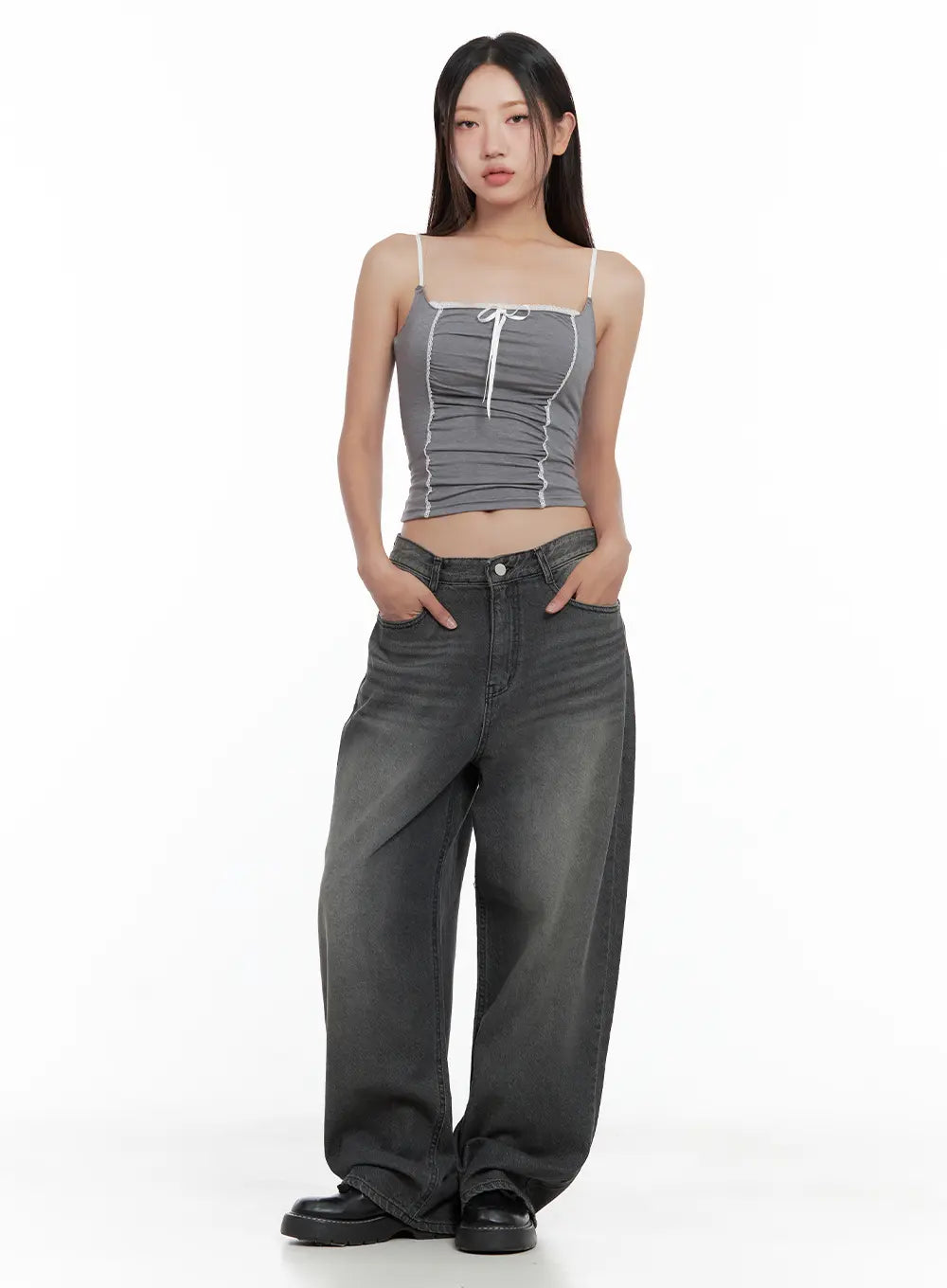 Kumi Washed Wide-Leg Summer Denim Jeans CL508 in Black, full-length front view on model hands in pockets, loose wide-leg washed denim, styled with grey ruched cami top and black loafers.