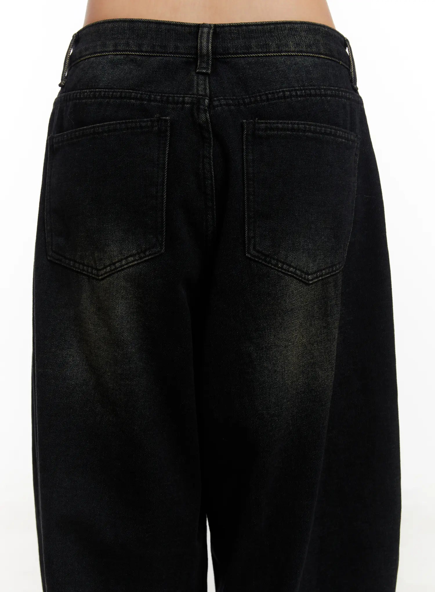 Myla Dark Wash Wide-Leg Jeans CD512 in dark black wash, back waist close-up on model, showing two back pockets with stitching detail and faded dark wash on cotton denim.