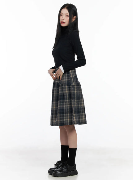 plaid-button-detail-flare-midi-skirt-cj520