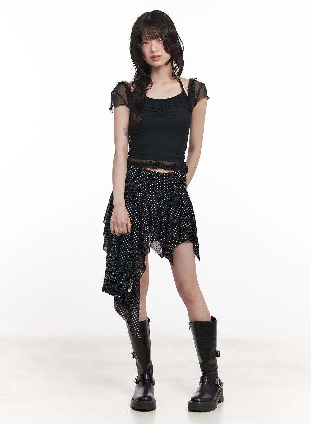 polka-dot-asymmetric-ruffle-mini-skirt-cy520