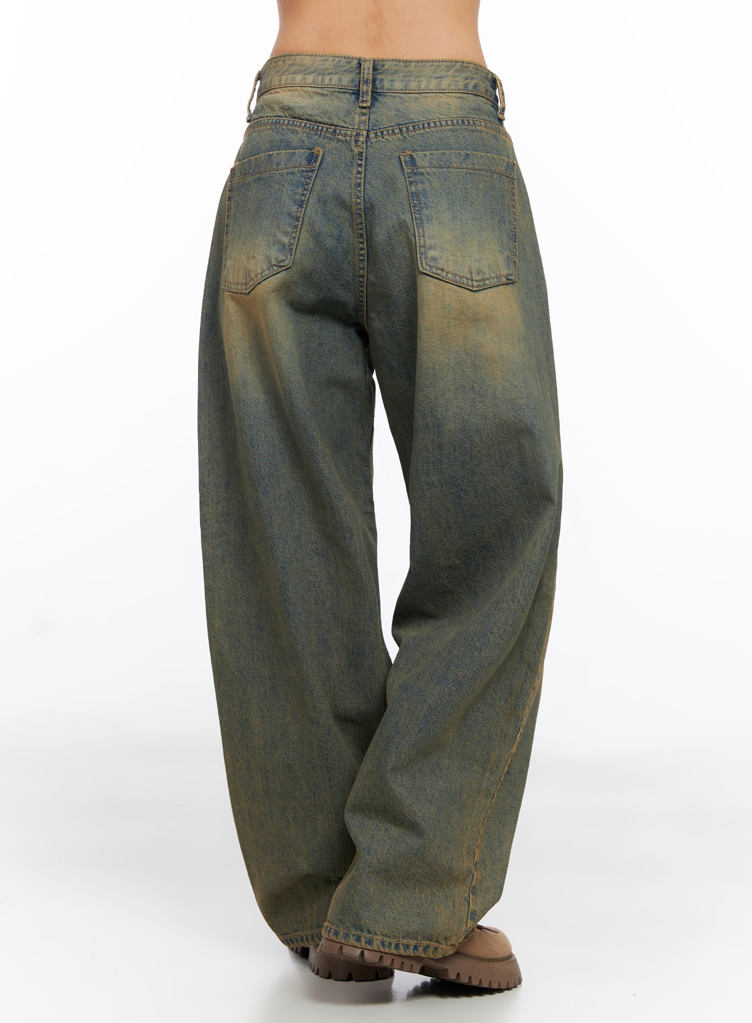 Miley Washed Balloon Baggy Jeans CO515 in vintage green-blue wash, back full-length view on model, balloon wide leg silhouette visible, patch pockets, long floor-grazing length, chunky boots.