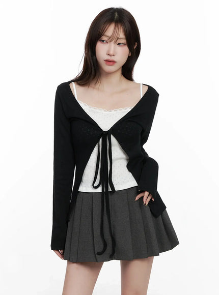 Elegant Tie-Front Ribbon Cardigan IN514 - Black S/M Elegant Tie-Front Ribbon Cardigan IN514 - Black S/M