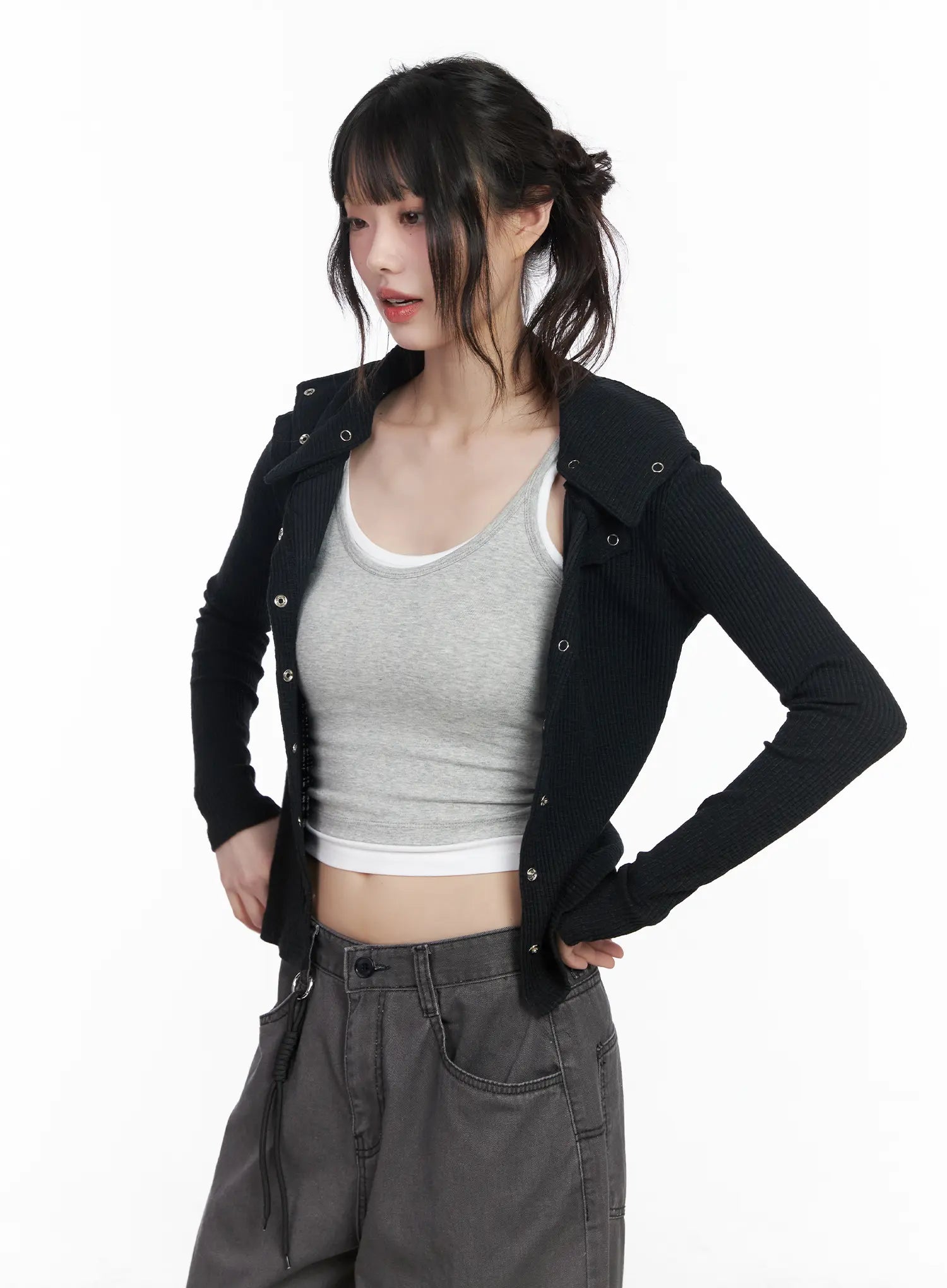 ribbed-button-up-knit-cardigan-cm526 / Black