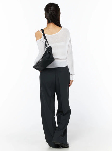 Basic Pintuck Wide Slacks CU522 in dark gray, back full-body shot on model, styled with white sheer cold-shoulder top and black bag, wide-leg drape visible from behind.