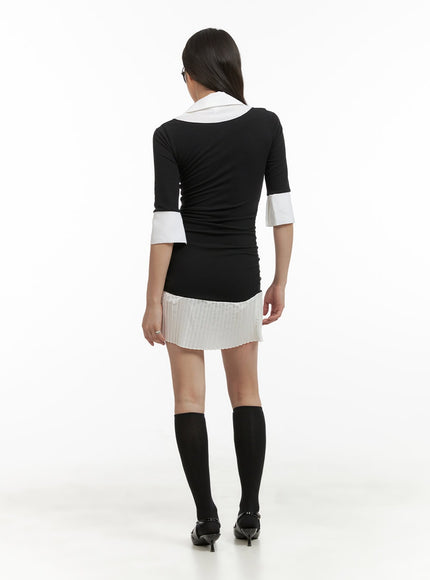 collar-two-tone-shirred-mini-dress-cy417