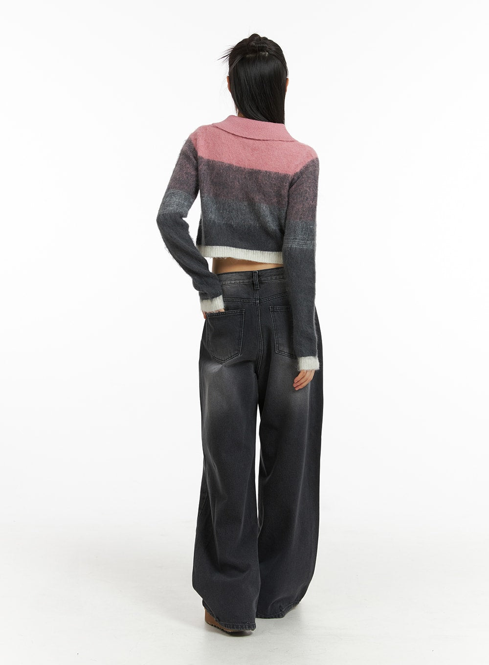 Denim Mid-Waist Pocket Wide Leg Jeans CJ415 in washed black, back full-body on model, showing dual back pockets and relaxed wide-leg volume, paired with colour-block mohair crop top.