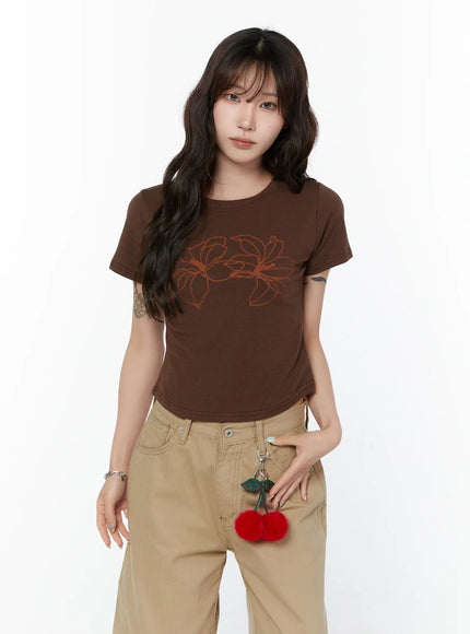 floral-print-crop-tee-cy515 / Dark brown