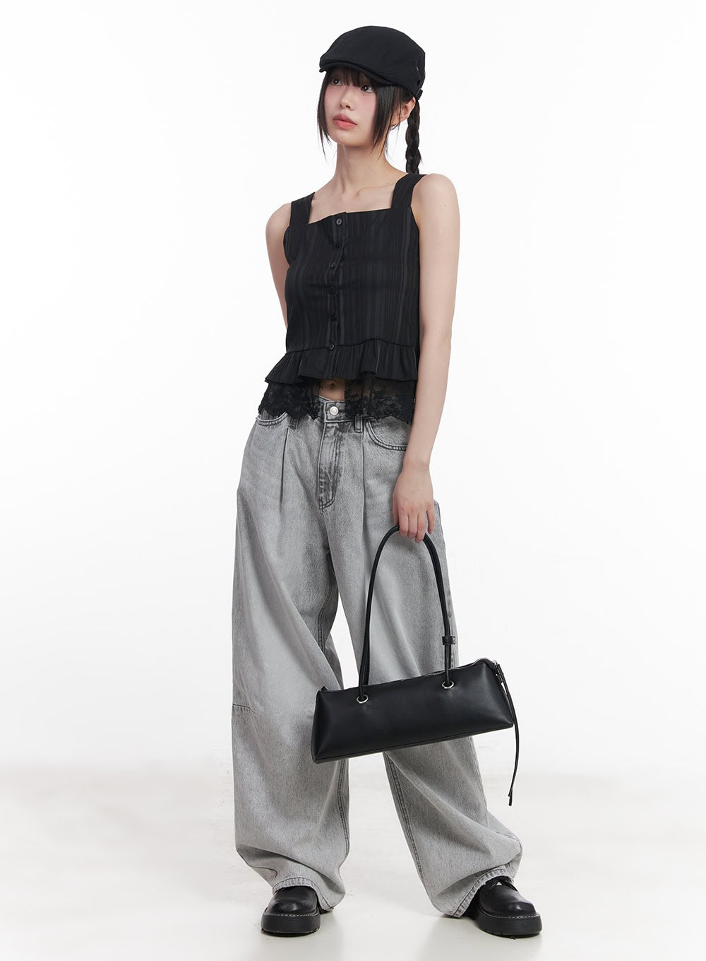 Melisa Washed Wide-Fit Jeans CU506 in gray, full-body front on model accessorized with black baguette bag, lace cami, and newsboy cap, wide-leg baggy denim acubi outfit.