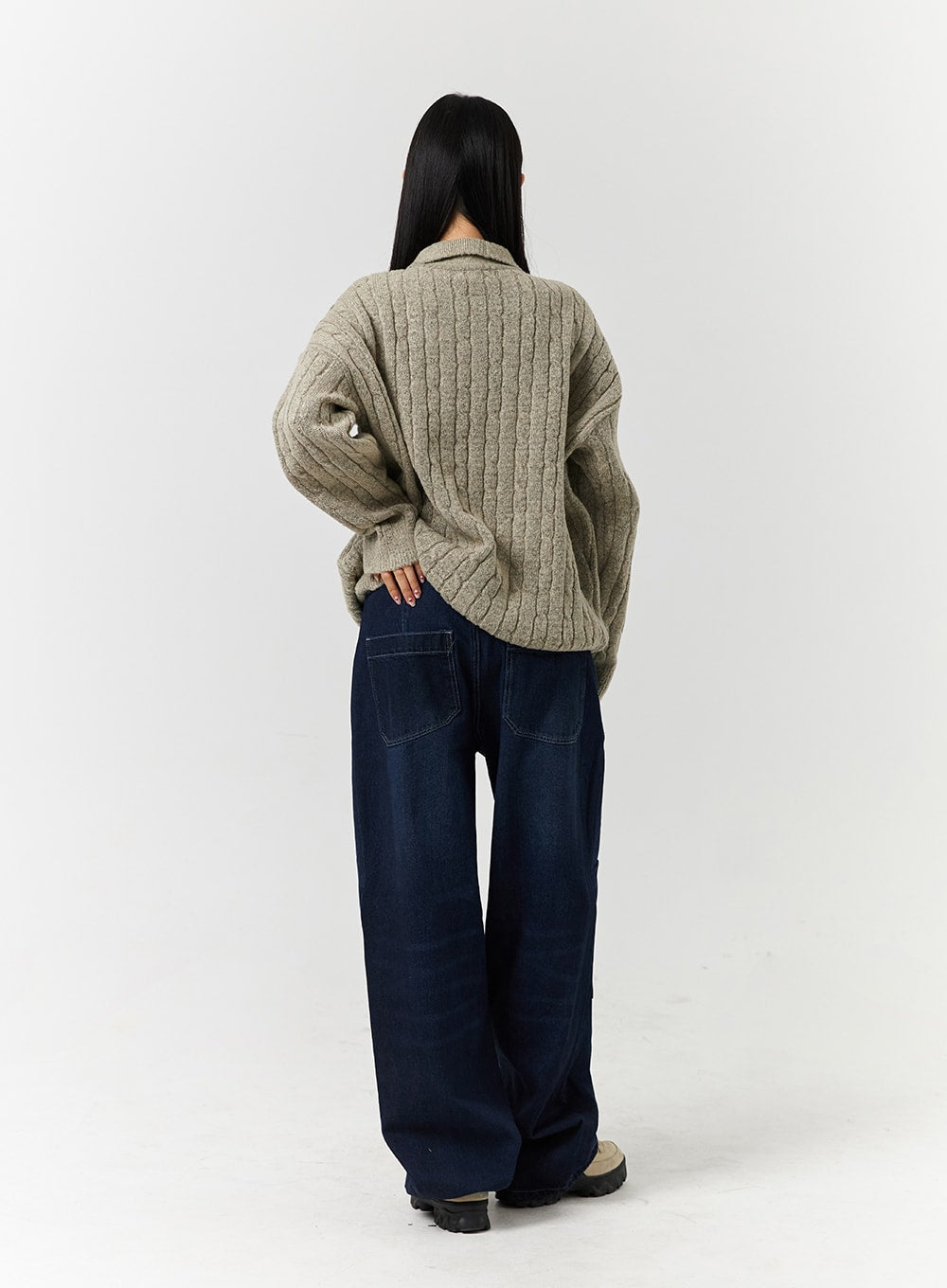 Unisex High Waist Solid Pocket Straight Leg Jeans CD328 in Blue, full-body back view on model, revealing large patch back pockets with contrast stitching on wide-leg dark washed denim, paired with ribbed knit.