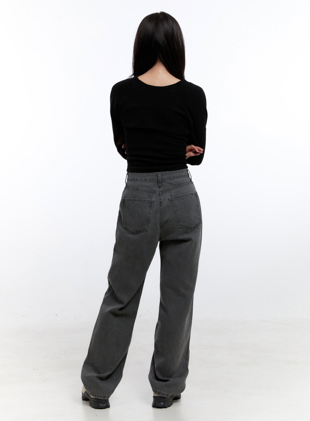 Chloe Wide-Leg Comfy Jeans ON418 in gray, full-length back view on model, washed cotton wide-leg with high waist and roomy fit, styled with black long-sleeve top and chunky sneakers.