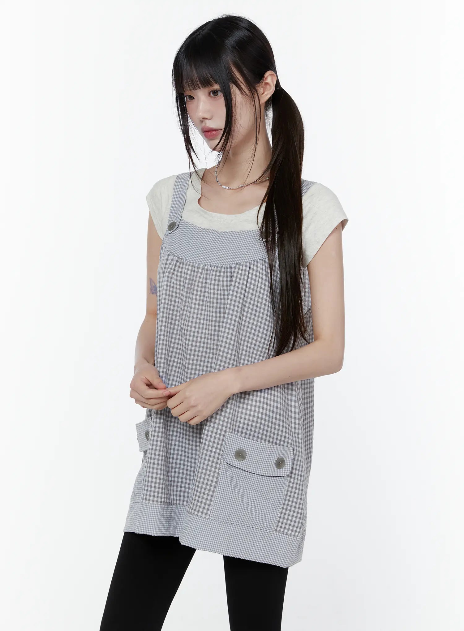 button-accent-plaid-mini-dress-cu508 / Gray