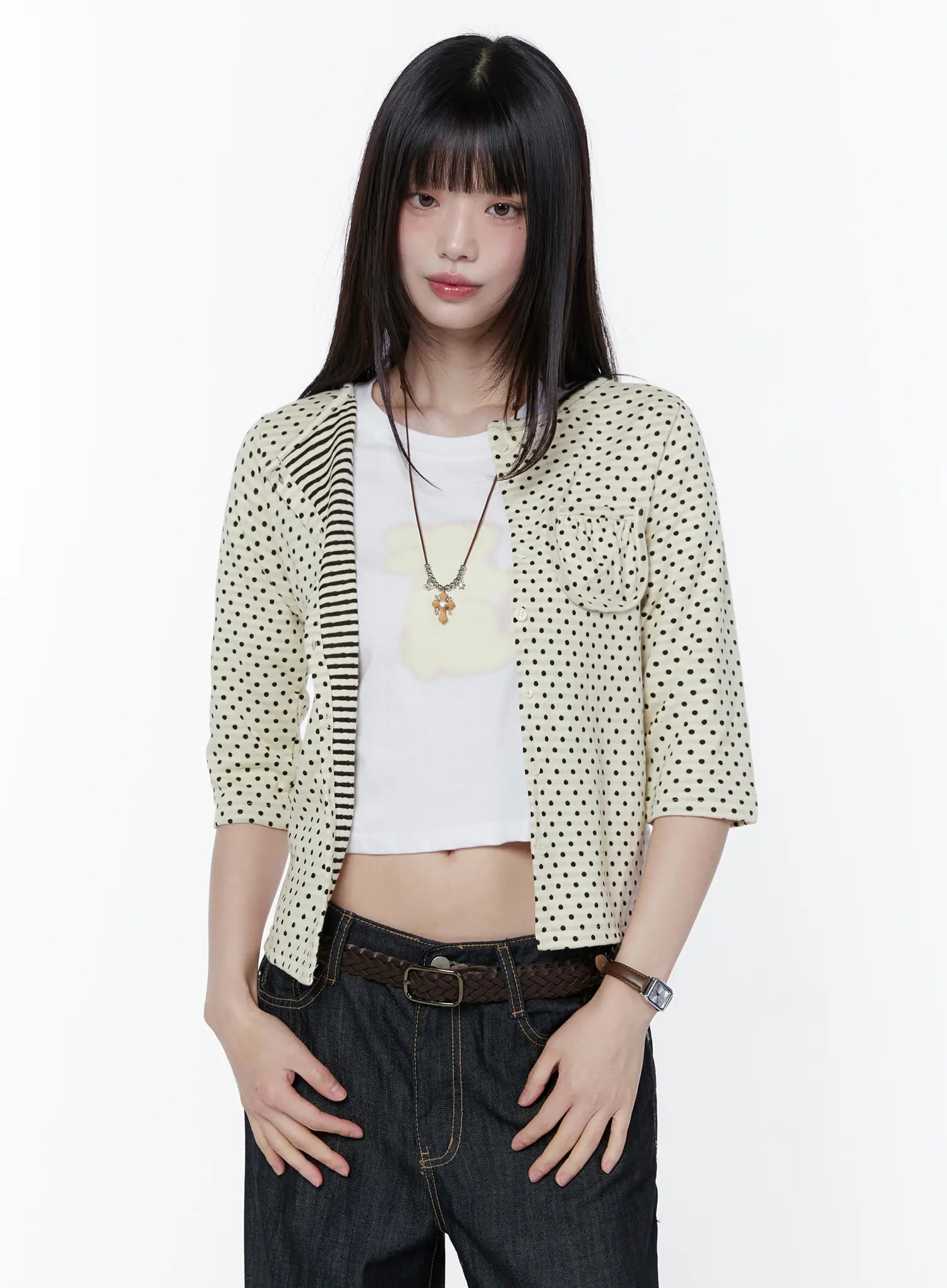 polka-dot-3-4-sleeve-cardigan-cu505 / Light beige