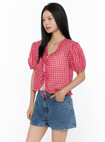 plaid-ribbon-tie-short-sleeve-cardigan-blouse-iu519