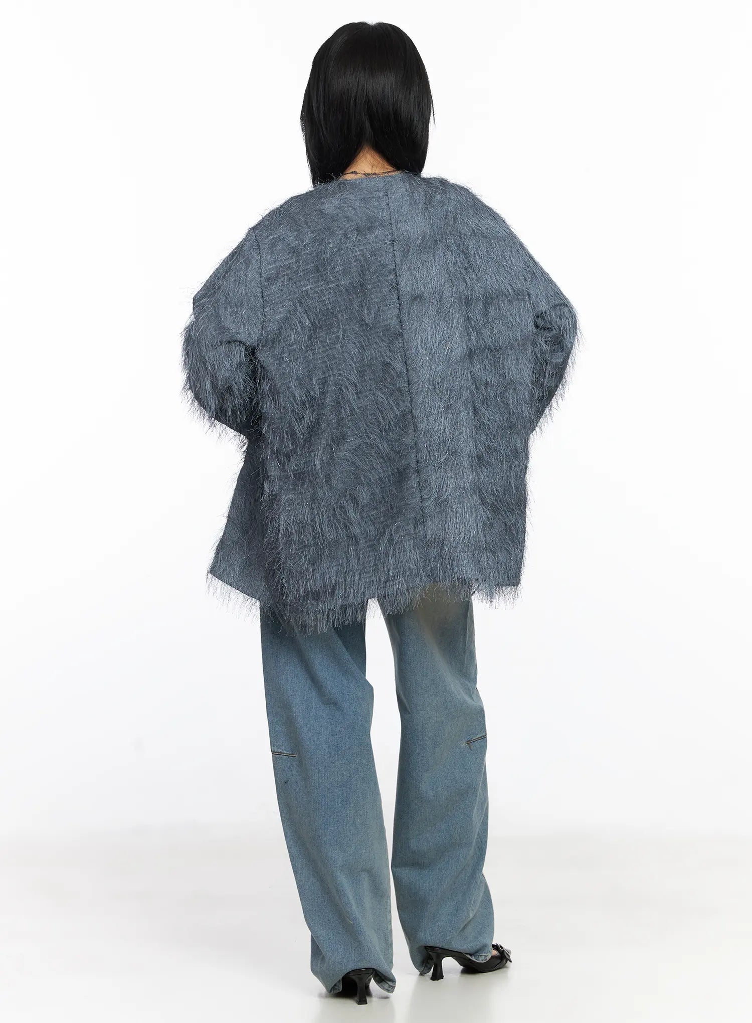 Frey Washed Wide-Leg Jeans CJ523 in light blue, full back outfit shot on model, paired with grey fuzzy cardigan, showing long wide-leg length and buckle flats.